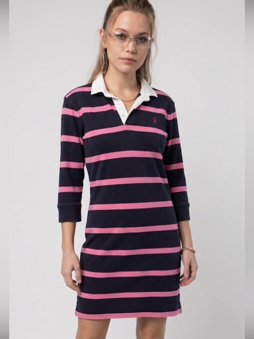 Vintage Polo Ralph Lauren Navy Pink Stripe rugby preppy XL Mini Dress